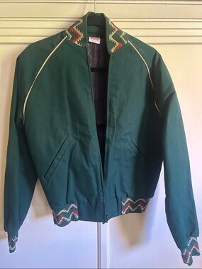Vintage Green Bomber Jacket with Multicolor Navajo Trim
